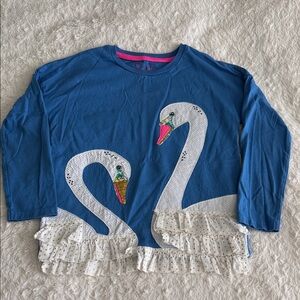 Mini Boden girls size 6-7 blue knit long sleeve shirt swans ruffles spring